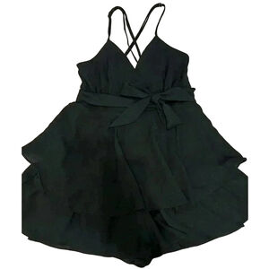 HIGH STREET V-Neck Ruffled Asymmetric Hem Black Romper - Size S